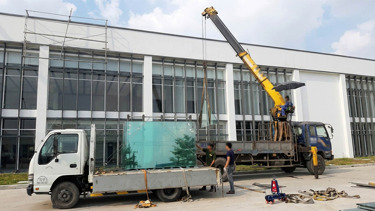 Thi Công Cầu Thang Kính Nhôm Kính Thành Tài Xe Vận Chuyển Kính Cường Lực Tận Công Trình